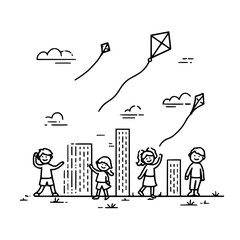 Children playing with kites in a city park with buildings and clouds in a simple line art illustration