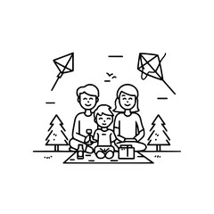 Family picnic scene featuring parents child kites trees and picnic basket in a minimalist line art style