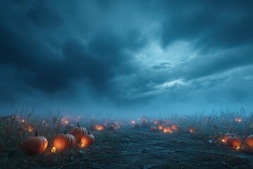 A spooky field of pumpkins illuminated only by candlelight, with a dark sky in the background creating a cinematic and eerie atmosphere.
