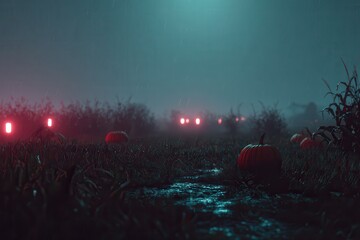 A serene field of green grass illuminated by the soft glow of candlelight. The peaceful setting creates a cinematic atmosphere in a pumpkin field.