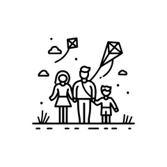 A family enjoys flying kites together in a field on a sunny day with clouds in the background scene design