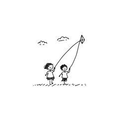Fototapeta premium Two children flying a kite on a sunny day with a few clouds in the sky in a simple line drawing style