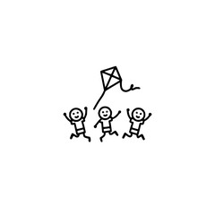 Three stick figures joyfully running and playing with a kite in a minimalist black and white drawing