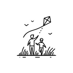 Illustration of father and child flying a kite together in a field with birds in the sky outdoors