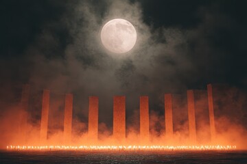 A haunting and cinematic scene of a graveyard at night with candles forming a mysterious shape, under the glow of a full moon in the sky above a city.
