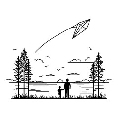 Silhouette of father and child flying a kite near the water at sunset with trees and birds art 100