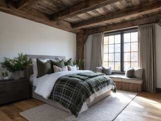 A comfortable and stylish bedroom boasts a rustic wooden ceiling, a large window with light beige curtains, and a cozy plaid blanket on a bed with gray upholstered headboard.