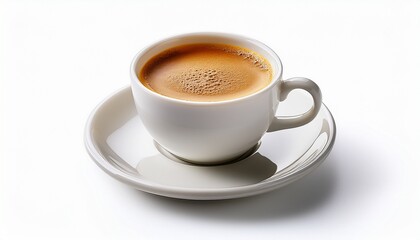 freshly brewed coffee in a white cup with rich creamy foam and a dark saucer on a white background