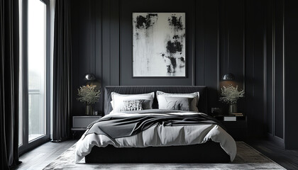 Modern cozy bedroom in black and white tones