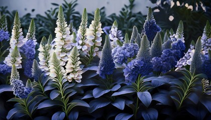 plant dark flowers in layered beds with foliage of contrasting light colors providing strong visual texture and color dynamics