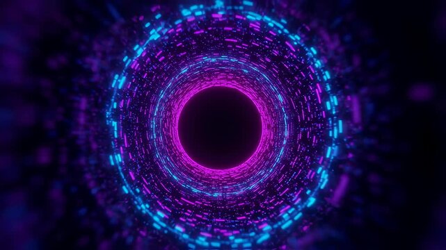 Neon light sci-fi tunnel with glowing digital data moving cyberspace futuristic technology, abstract endless motion footage.