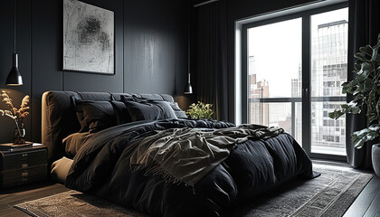 Modern bedroom in black tones with city view