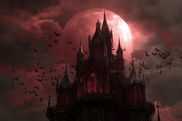 A spooky gothic castle standing tall under a full moon, with glowing stairs leading up to its entrance.
