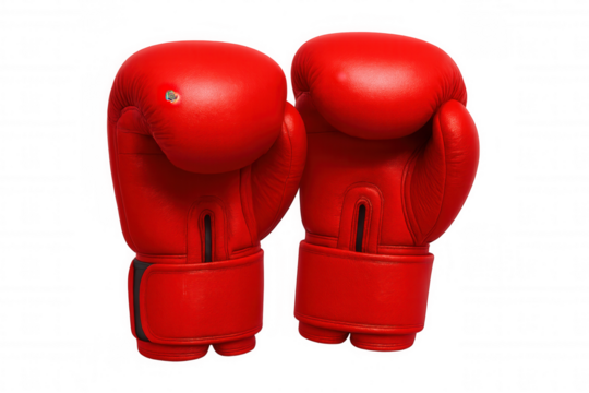 Red boxing gloves hanging against transparent backdrop, symbolizing competitive martial arts
