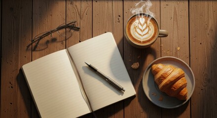 Overhead shot of a steaming latte with latte art, a fresh croissant, open notebook, pen, and glasses on a rustic wooden table