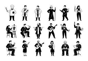 Various professions represented as monochrome vector icons in a pattern arrangement over white