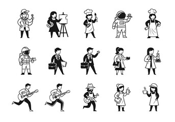 Naklejka premium Various professions represented as line drawings including astronaut and doctor figures