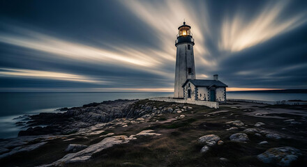 Fototapeta premium A lighthouse standing on a rocky coast under a dramatic sky with light rays shining through clouds ai generated