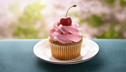 delicate pink cupcake with cherry topping on plate in soft light
