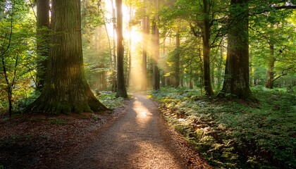 Obraz premium sunbeams illuminate enchanted forest path mystical light ancient trees vibrant nature