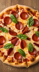 Delicious pepperoni pizza with basil leaves on a wooden table, top view