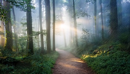 Obraz premium misty forest path an atmospheric path winds through a mysterious misty forest sunlight filtering through the dense canopy creating an ethereal and enchanting scene