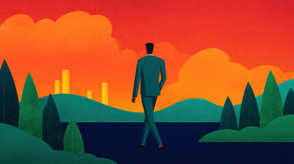 A stylized illustration of a man walking toward colorful clouds and hills, symbolizing journey and inspiration in a vibrant landscape.