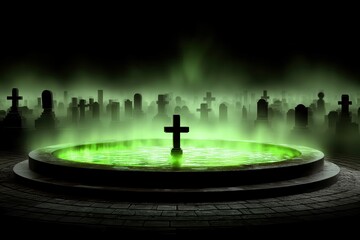 A 3D rendered green fountain in a graveyard setting with a cross in the middle, glowing with an eerie light.