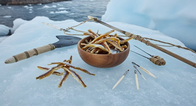 "Cucina culturale artica Pesce Essiccato con Olio di Foca servito in stile tradizionale inuit"