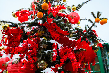 Chinese red lantern in the night of Chinese New Year of happiness