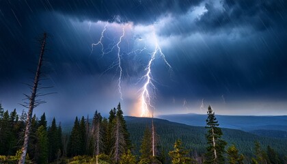 beautiful lightning during a thunderstorm at night in a forest that caused a fire against a dark sky with rain