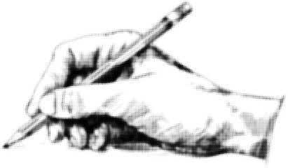 Black and white halftone drawing of a hand holding a pencil, creating art. Vector illustration