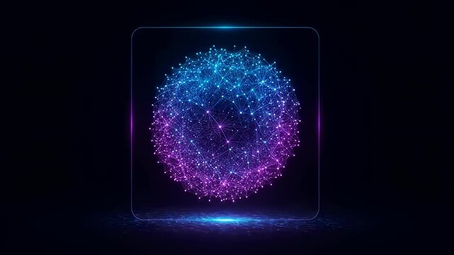 Abstract glowing sphere animation with connected dots and lines in a futuristic digital environment, network plexus footage