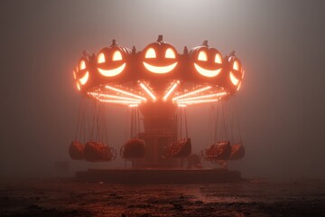 A 3D render of a creepy red carousel with glowing lights on it, creating a mysterious and eerie atmosphere.