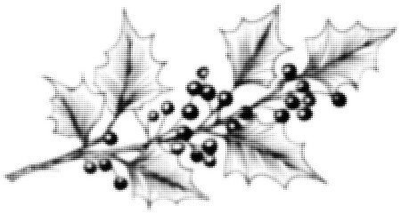 Obraz premium Black and white halftone of holly leaves and berries, vintage style. Vector illustration