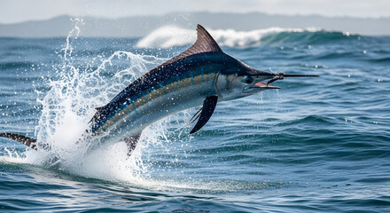 Obraz premium Majestic Marlin Leaps from the Ocean Depths A Stunning Display of Marine Life