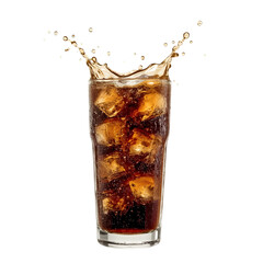Refreshing Beverage Splash: A vibrant display of chilled refreshment unfolds as a glass of fizzy drink interacts with ice cubes creating a captivating splash.