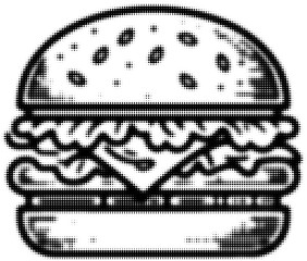 Fototapeta premium Halftone illustration of a classic cheeseburger with lettuce and sesame seed bun. Vector illustration