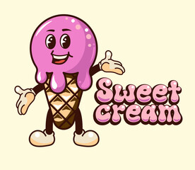 Retro style waffle cone ice cream. Funny isolated character mascot in vintage style.