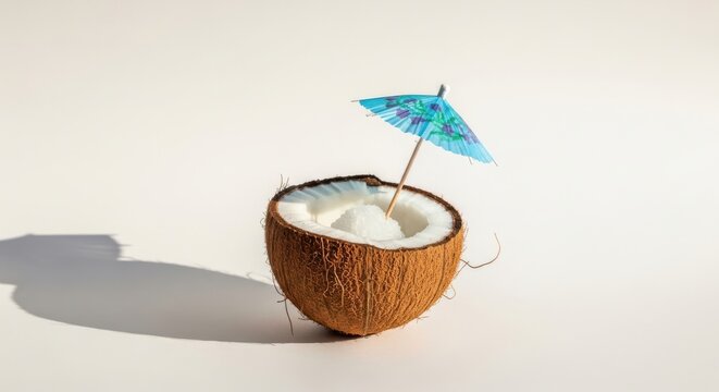 Fresh coconut half with milk and umbrella isolated on white background
