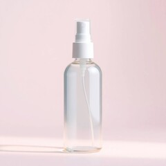 Clear spray bottle with pink background.