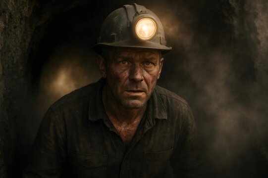 Portrait of a coal miner emerging from a dark mine tunnel, his face illuminated by the headlamp on his helmet