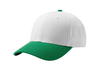 Isolated White Baseball Cap with Green Visor and Button: Modern Headwear Accessory for Sports and Fashion, Presented on a Clean Background