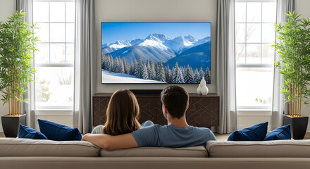 Cozy Couple Enjoying Snowy Mountain View on TV in Bright Living Room