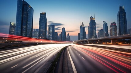 Fototapeta premium Modern city skyline with traffic light trails at night long exposure 