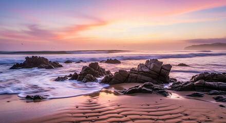 Obraz premium Peaceful sunset over a rocky beach with crashing waves and a vibrant sky, creating a serene coastal landscape