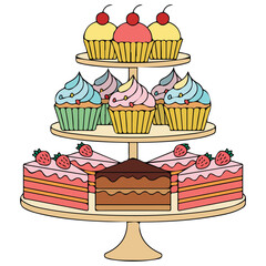 Confectionery delicacies cupcakes cakes souffle isolated vector illustration on white background
