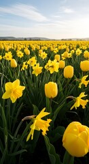 Obraz premium Field of yellow daffodils and tulips blooming in the spring sunshine day