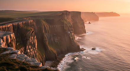 Aerial view of cliffs of moher with ocean waves crashing against the rocks during sunset in ireland ai generated