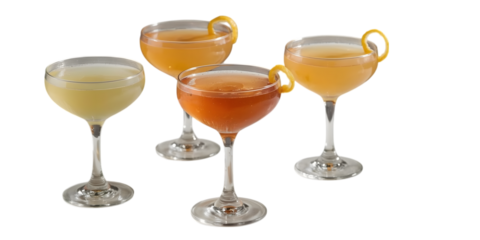 Artisan Cocktails in a Glass: A sophisticated collection of four distinct artisan cocktails, each a symphony of flavors and colors, with a twist of citrus.